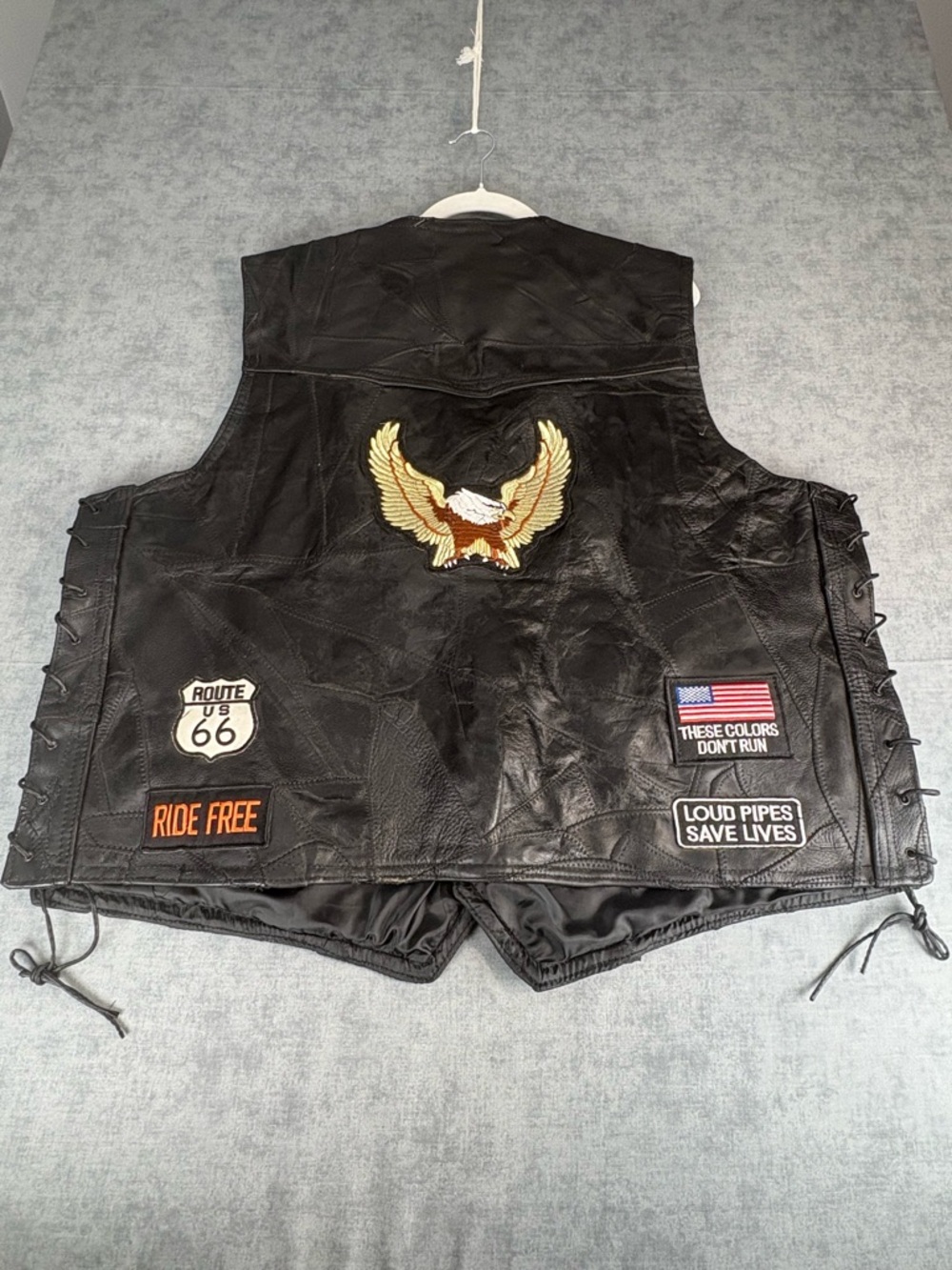 Diamond Plate Buffalo Leather Biker Vest 3X Eagle Patches USA Ride Free
